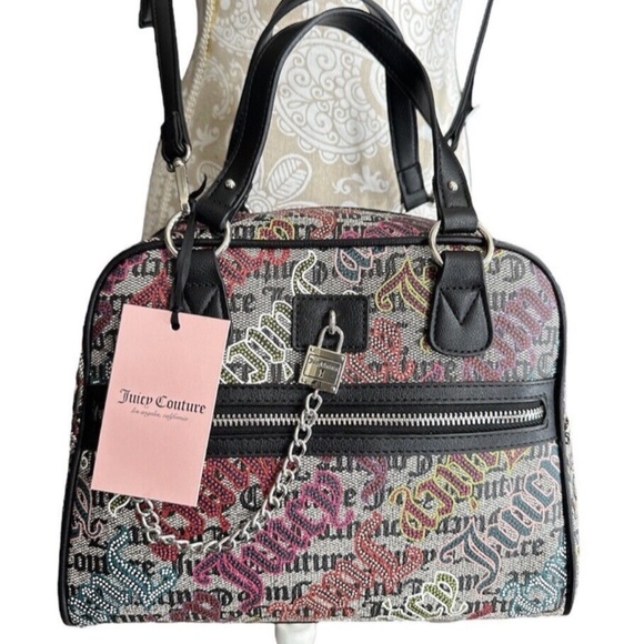 Juicy Couture Handbags - NEW Juicy Couture Black Beige Multi Lock N Chain Satchel Handbag Purse